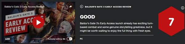 《博德之门3》抢先体验版IGN 7分 内容上佳，值得期待
